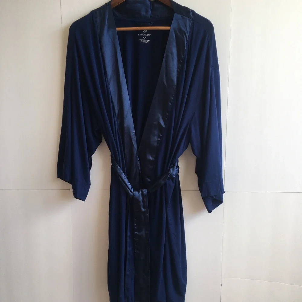 Lands' End Satin-Trim Midnight Blue Navy Robe NWOT- XL